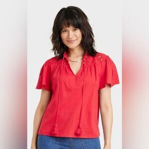 Knox Rose Short Sleeve V-Neck Woven Eyelet Top Size M or L NWT Red
